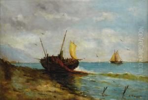 Coastal View With Boats Along The Shore by Carlo Brancaccio
