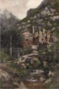 Faggot Gatherers Crossing A Bridge At An Italian Hilltown