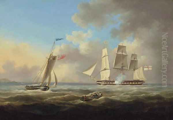 A frigate hove-to and signalling for a pilot, possibly off the approaches to Guernsey - view 1