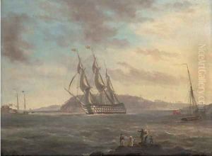 A First Rate making her way down Plymouth Sound in a stiff breeze, with Drake's Island off her starboard bow by Thomas L. Hornbrook