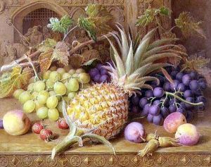 A Still Life of a Pineapple Grapes Peaches Strawberries and Hazelnuts on a Dresser by William B. Hough