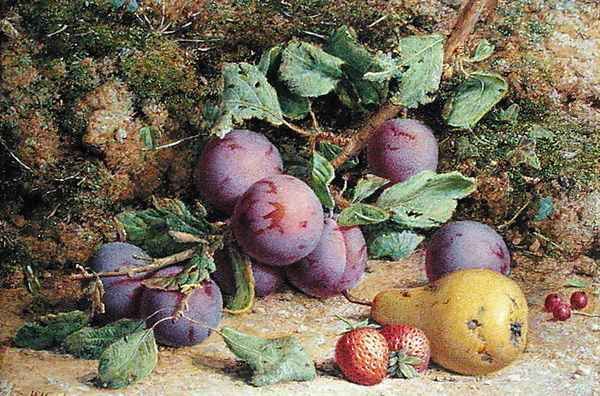 Plums Strawberries and a Pear on a Mossy Bank - view 1