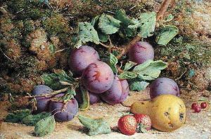 Plums Strawberries and a Pear on a Mossy Bank by William B. Hough