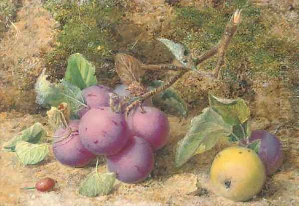Still life of plums and an apple on a mossy bank - view 1