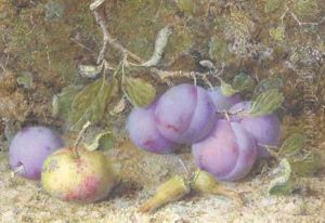 Plums, an apple and hazelnuts on a mossy bank by William B. Hough