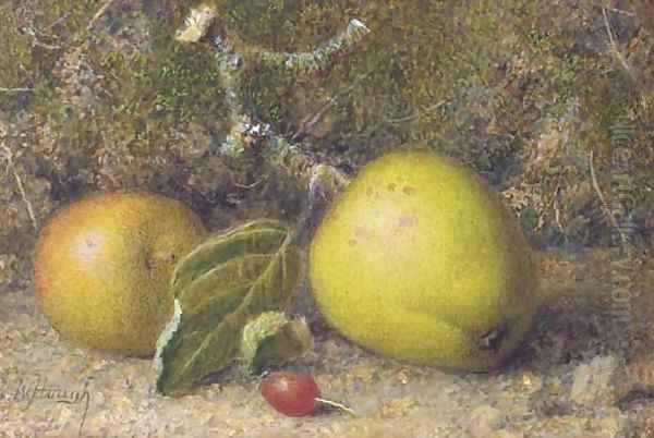 Still-life of apples on a mossy bank with a rosehip - view 1