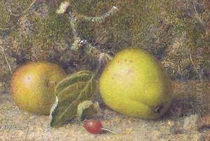 Still-life of apples on a mossy bank with a rosehip