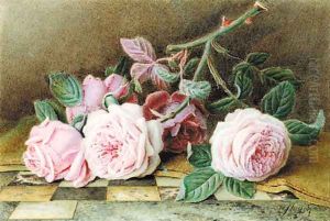 Still-life of pink roses on a marble topped table by William B. Hough