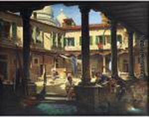 Personnages Dans La Cour De San 
Gregorio A Venise [ ; People In The "cortile Di San Gregorio", Venice ; 
Oil On Canvas Signed Lower Right] by Antonietta Brandeis