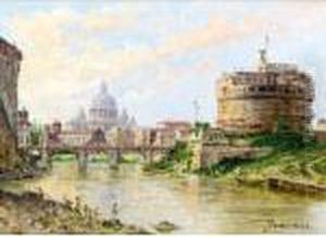 A View Of The Tiber With Castel Sant' Angelo And St Peter's