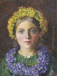 Portrait of a Girl, adorned with cowslips, bluebells and a daisy