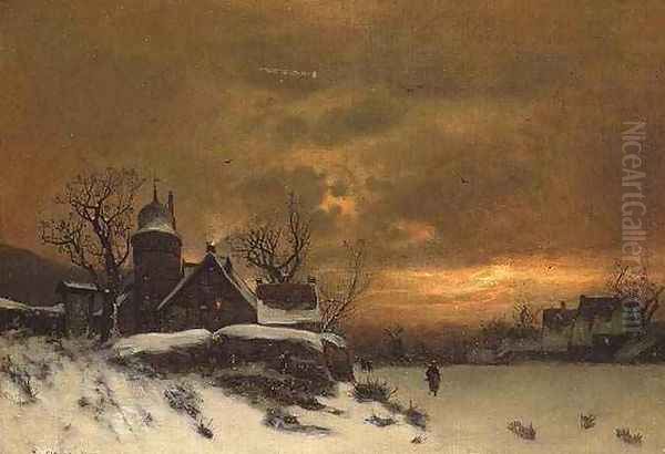 Winter landscape with view of buildings at evening - view 1
