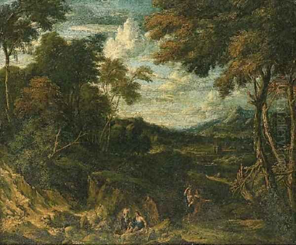 A wooded landscape with classical figures on a path and by a stream, a villa beyond - view 1