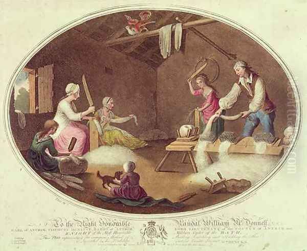 The Common Method of Beetling Scutching and Hackling the Flax plate IV of The Linen Manufactory of Ireland - view 1