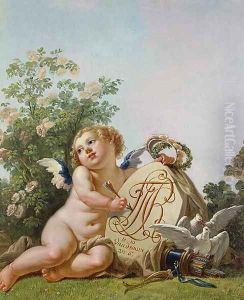Cupid commemorating a marriage by Incising on a a Tablet the interlaced initials FT and RC by Jean-Baptiste Huet