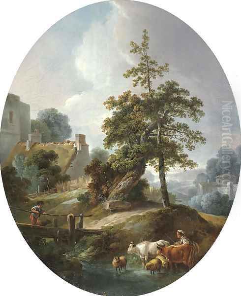 Landscape with a young boy and a shepherdess with cows and sheep - view 1