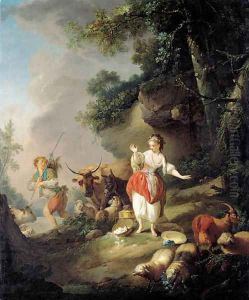 Les oeufs casses A shepherdess startled by a drover and his cattle in a pastoral landscape by Jean-Baptiste Huet