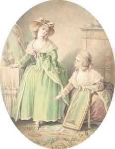 A girl looking at her shoes in a mirror held by a kneeling maid by Jean-Baptiste Huet
