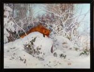 A Winter Scenery With A Fox. Signed by Carl Brandt
