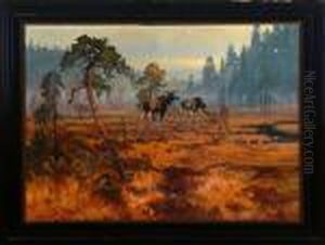 Elks In A Forrest. Signed. Oil On Canvas. 91 X 126 Cm by Carl Brandt
