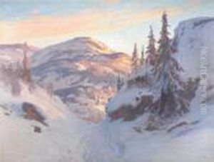 Vinterlandskap, Sol Over Fjallet. Signerad. Duk, 96x128 Vinterlandskap, Sol Over Fjallet. Signerad. Duk, 96x128