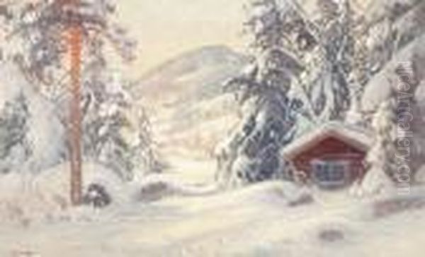 Vinterlandskap Med Snotackt Hus. Signerad. Duk, 57x93 - view 1