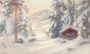 Vinterlandskap Med Snotackt Hus. Signerad. Duk, 57x93 by Carl Brandt