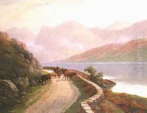 Drover with Cows by Lake Buttermere Evening by H.R. Hall