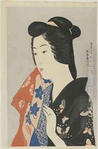 Woman Holding a Towel Taisho era by Goyo Hashiguchi