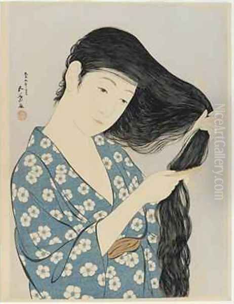 Woman combing her hair by Goyo Hashiguchi