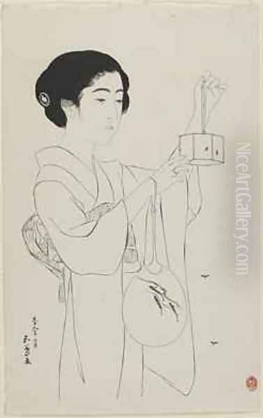Woman Holding a Firefly Cage Taisho era - view 1