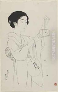 Woman Holding a Firefly Cage Taisho era by Goyo Hashiguchi