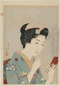 Woman Applying Lip Rouge Taisho era by Goyo Hashiguchi