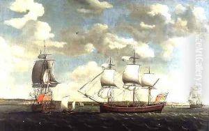 Portrait of an East Indiaman in three positions off Portsmouth