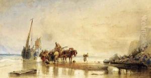 Figures Unloading Fishing Boats on Shore Figures Unloading Fishing Boats on Shore