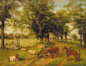 A wayside conversation in a park, with a village beyond by Edwin Frederick Holt