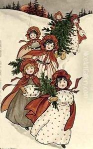 Little Girls with Holly and the Christmas Tree by Florence Hardy