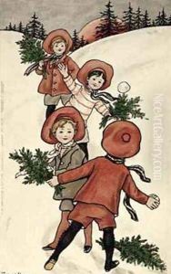 Children with Holly Throwing Snowballs by Florence Hardy