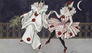 Postcard depicting Pierrot and his companion by Florence Hardy