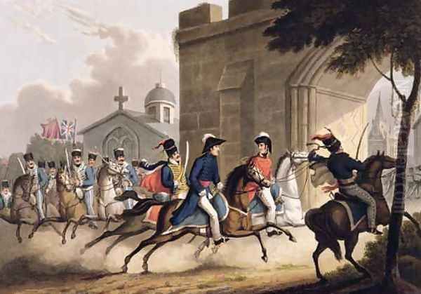 Entrance of Lord Wellington into Salamanca at the head of a Regiment of Hussars - view 1