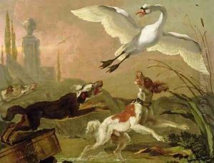 Swan being chased by three dogs