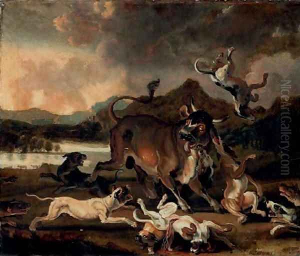 Hounds attacking a bull in a river landscape - view 1