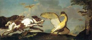 Hounds chasing a wounded bittern by Abraham Danielsz. Hondius