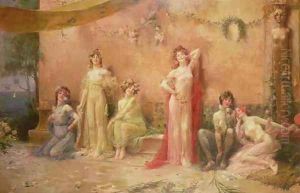 The Temptresses Before a Wall Covered with Graffiti