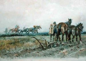 Racehorses at Exercise Watched by Ploughmen