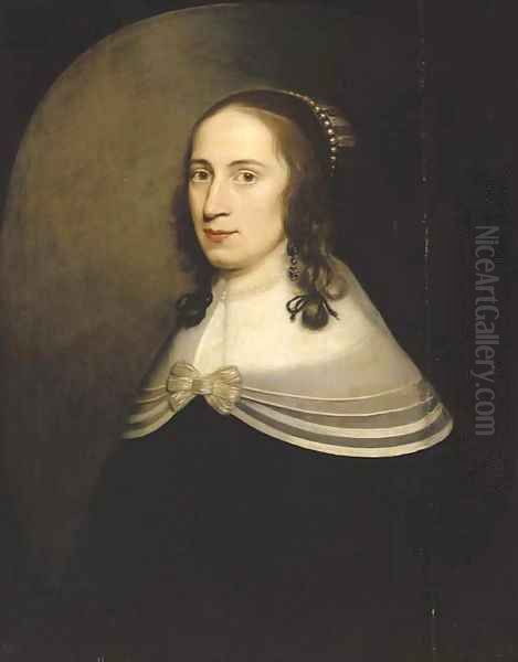 Portrait of a lady, half-length, in a black dress with a white collar and a pearl necklace - view 1