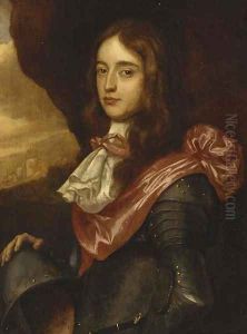 Portrait of a nobleman, thought to be Prince Rupert Palatine, small-half-length, in armour with a crimson sash, a landscape beyond