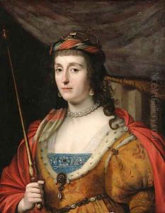 Portrait of Elizabeth, Queen of Bohemia, half-length, in a gold- embroidered dress with ermine lining, a red cape and holding a sceptre