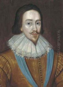 Portrait of George Villiers, Duke of Buckingham (1592-1628), bust-length, in a gold doublet and lace ruff by Gerrit Van Honthorst