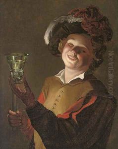 A laughing man, a roemer of wine in his left hand by Gerrit Van Honthorst